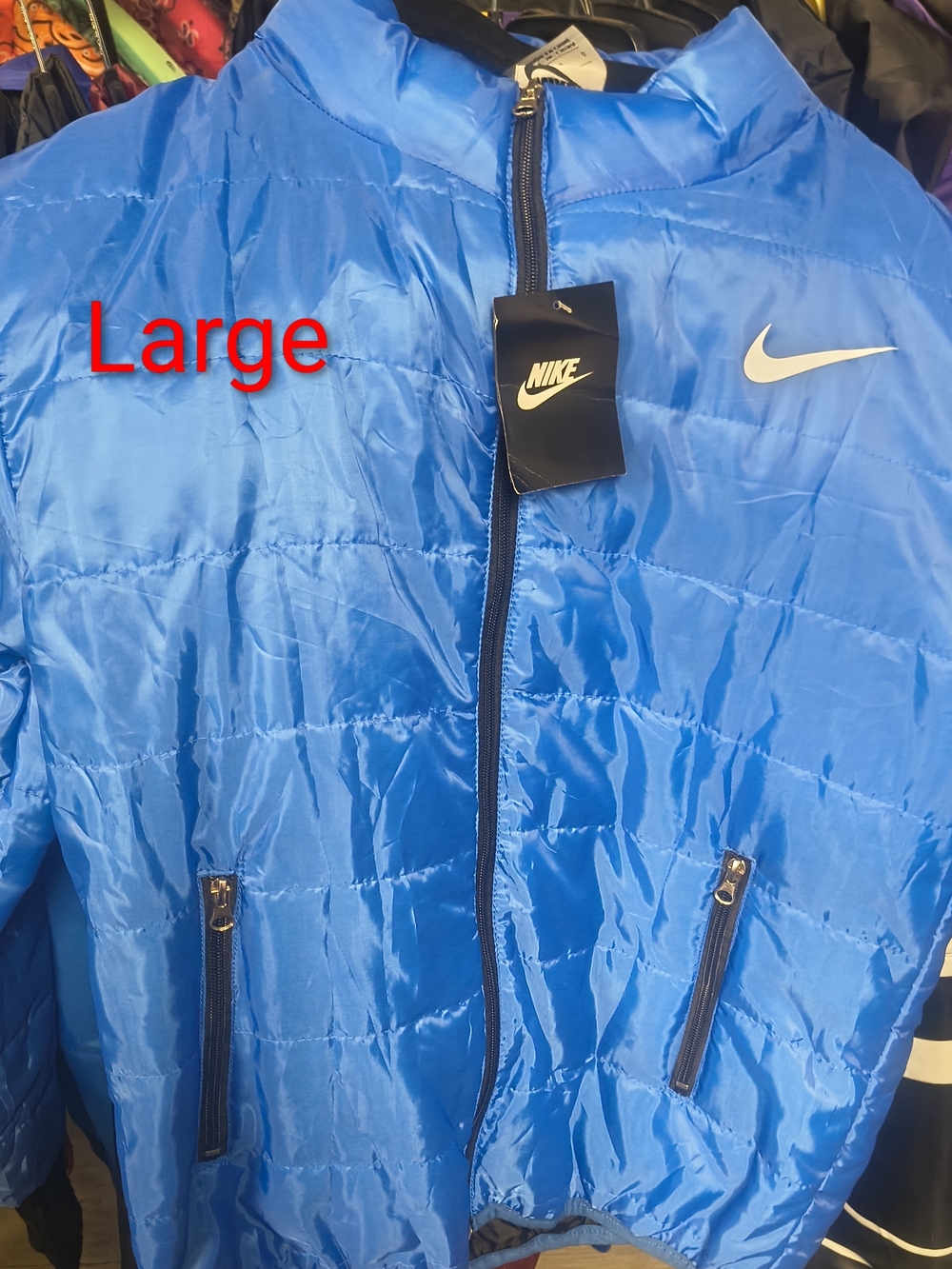 Nike Men's Bright Blue Quilted Puffer Jacket with Swoosh large